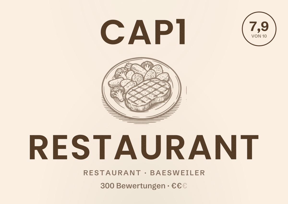 Illustriertes Poster von CAP1 Restaurant, Restaurant in Baesweiler: Bewertung 7,9 von 10 aus 300 Bewertungen, Preisniveau €€