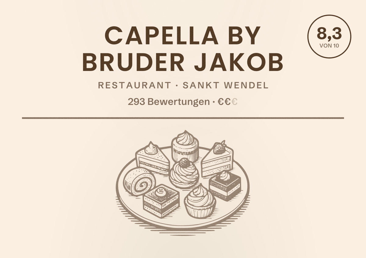 Illustriertes Poster von Capella by Bruder Jakob, Restaurant in Sankt Wendel: Bewertung 8,3 von 10 aus 293 Bewertungen, Preisniveau €€