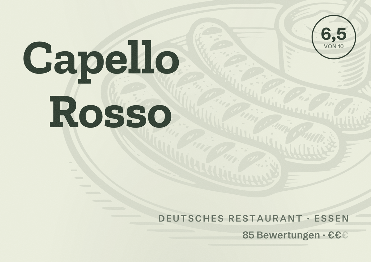 Illustriertes Poster von Capello Rosso, Deutsches Restaurant in Essen: Bewertung 6,5 von 10 aus 85 Bewertungen, Preisniveau €€