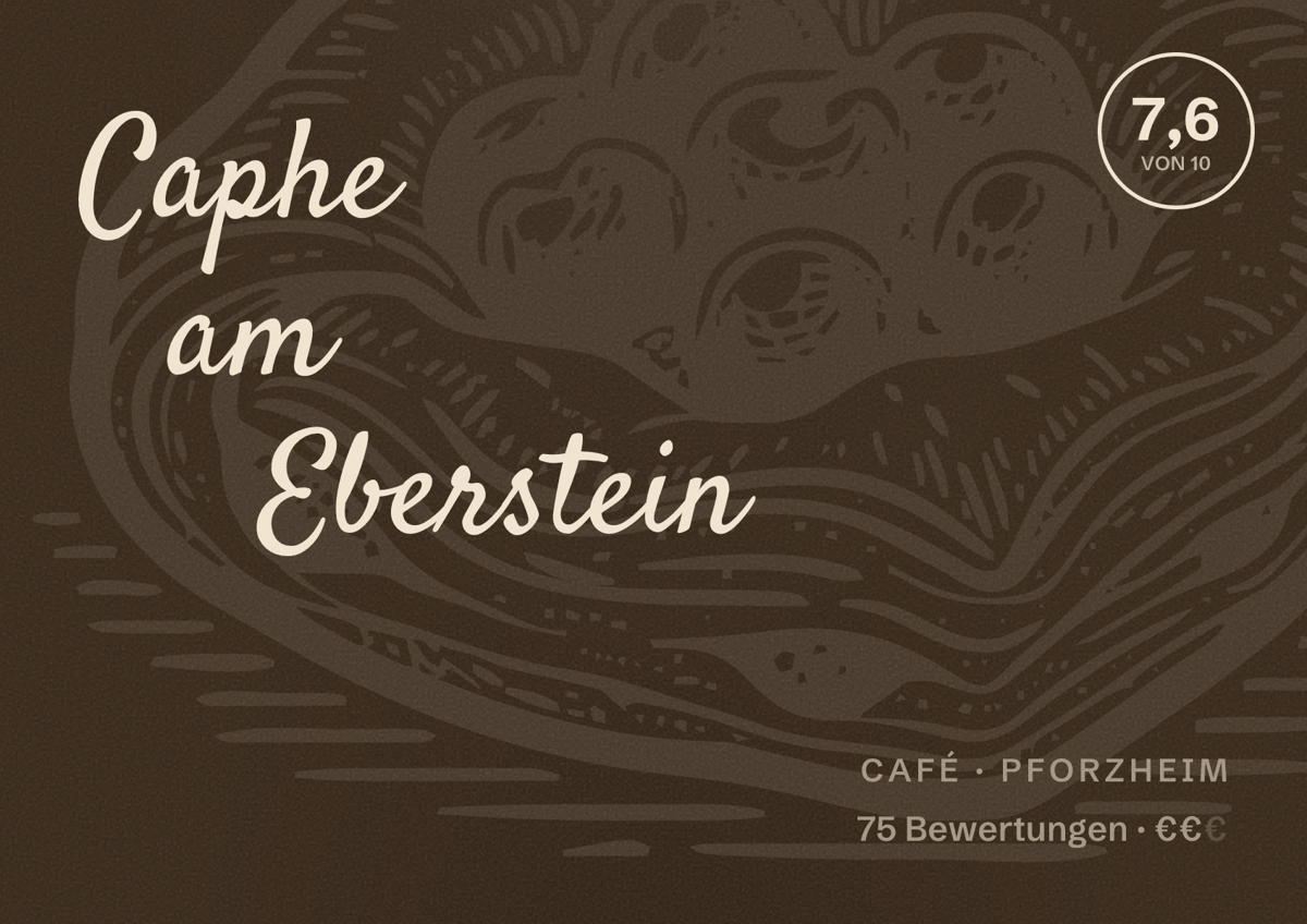 Illustriertes Poster von Caphe am Eberstein, Café in Pforzheim: Bewertung 7,6 von 10 aus 75 Bewertungen, Preisniveau €€