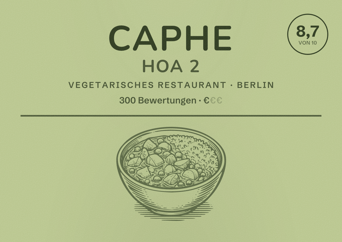 Illustriertes Poster von Caphe Hoa 2, Vegetarisches Restaurant in Berlin: Bewertung 8,7 von 10 aus 300 Bewertungen, Preisniveau €