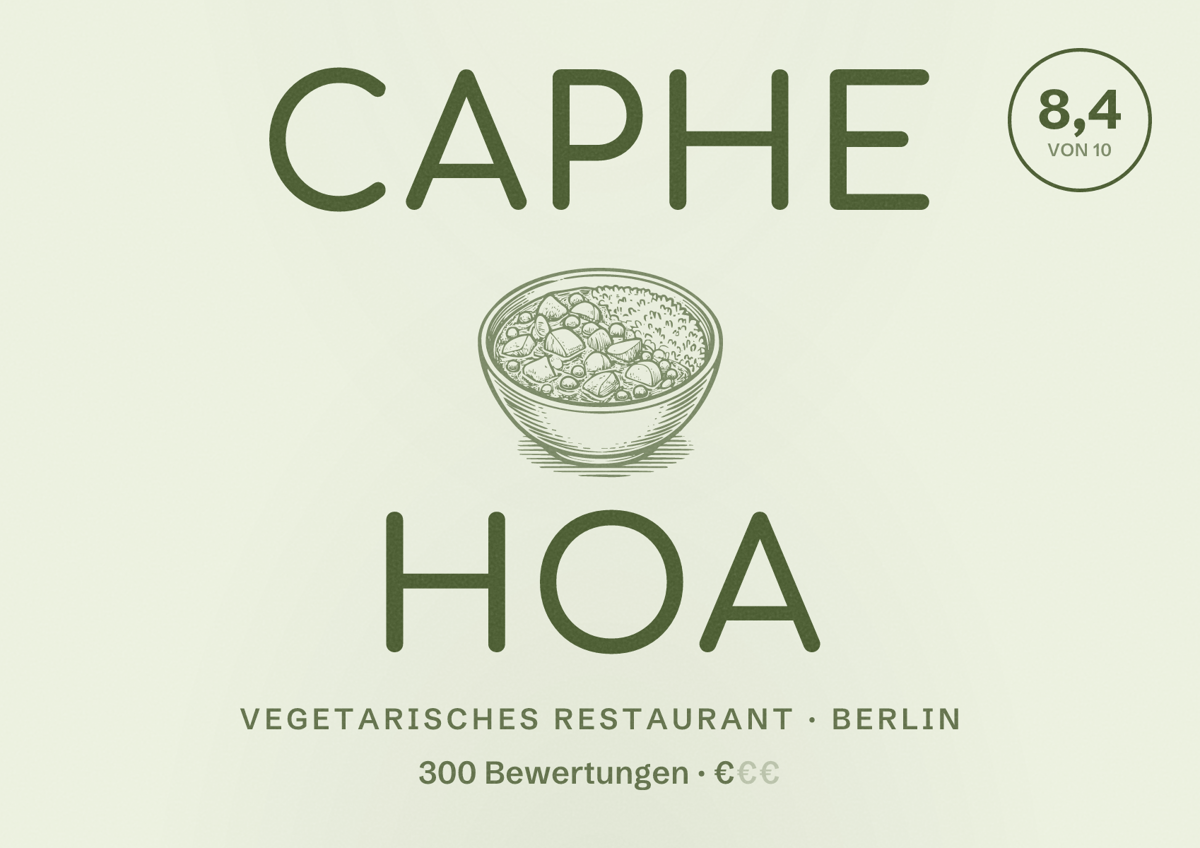 Illustriertes Poster von Caphe HOA, Vegetarisches Restaurant in Berlin: Bewertung 8,4 von 10 aus 300 Bewertungen, Preisniveau €