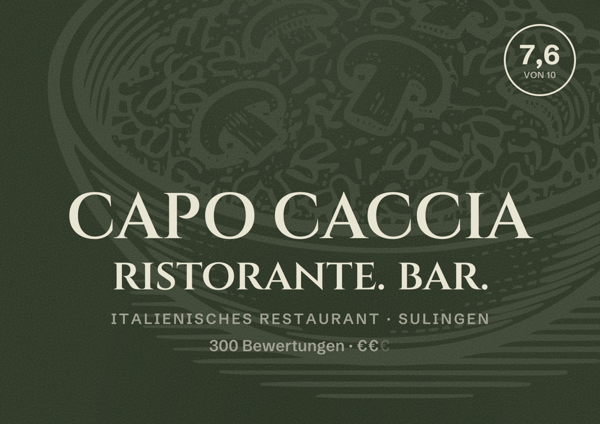 Illustriertes Poster von CAPO CACCIA ristorante. bar., Italienisches Restaurant in Sulingen: Bewertung 7,6 von 10 aus 300 Bewertungen, Preisniveau €€