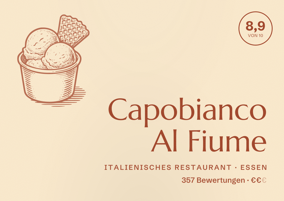 Illustriertes Poster von Capobianco Al Fiume, Italienisches Restaurant in Essen: Bewertung 8,9 von 10 aus 357 Bewertungen, Preisniveau €€