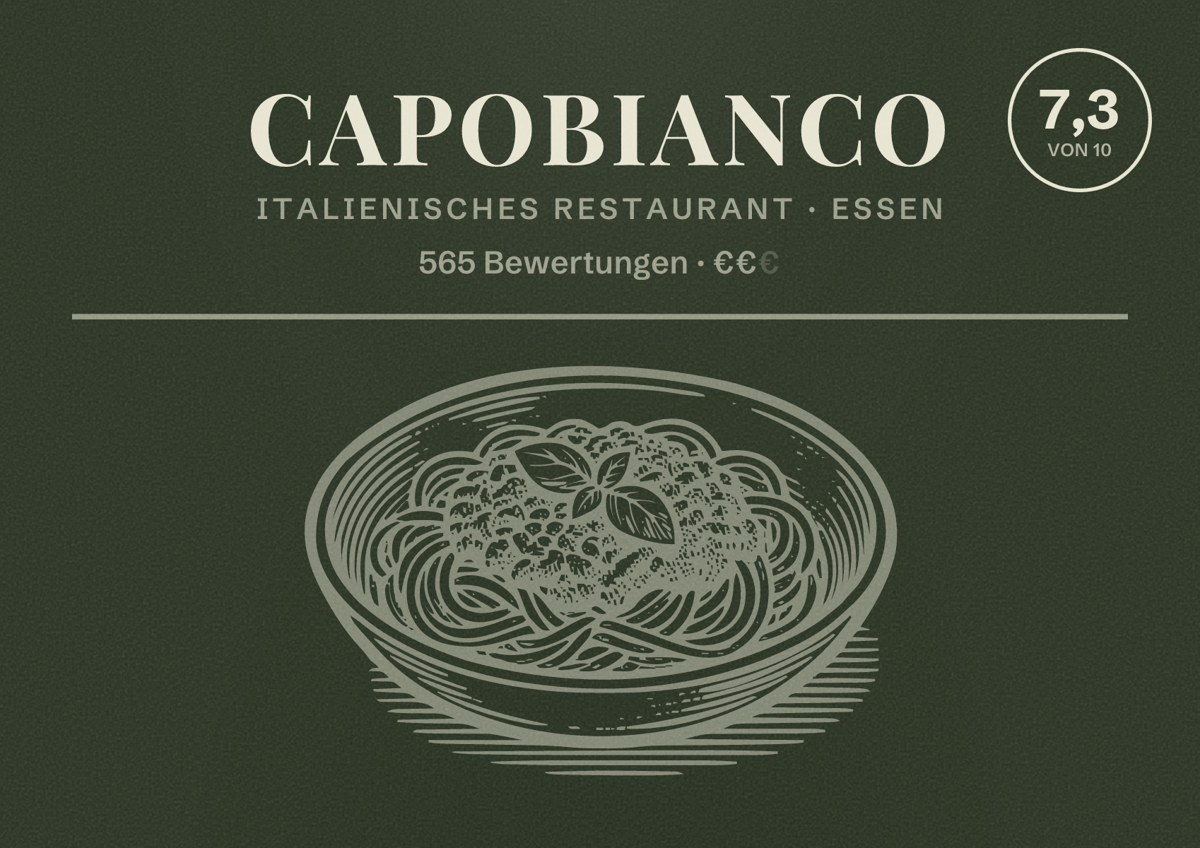 Illustriertes Poster von Capobianco, Italienisches Restaurant in Essen: Bewertung 7,3 von 10 aus 565 Bewertungen, Preisniveau €€