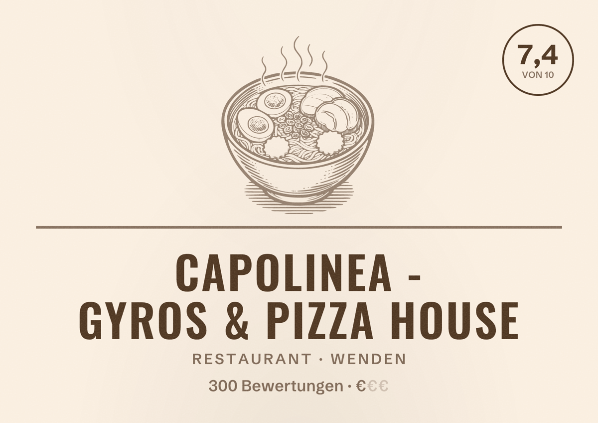 Illustriertes Poster von Capolinea - Gyros & Pizza House, Restaurant in Wenden: Bewertung 7,4 von 10 aus 300 Bewertungen, Preisniveau €