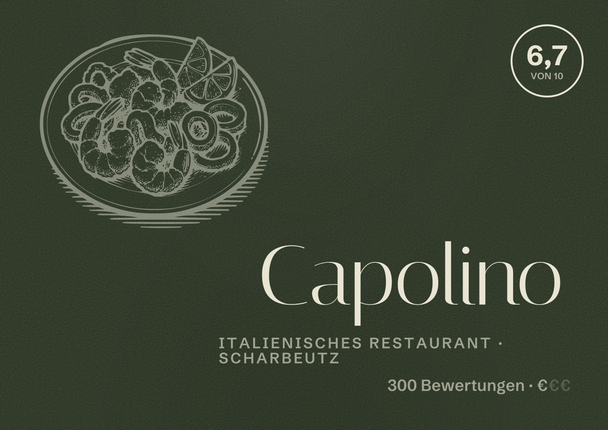 Illustriertes Poster von Capolino, Italienisches Restaurant in Scharbeutz: Bewertung 6,7 von 10 aus 300 Bewertungen, Preisniveau €