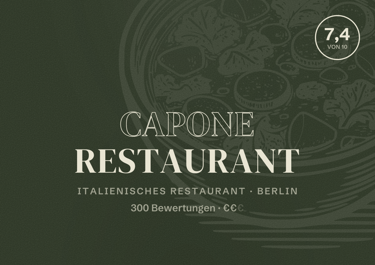Illustriertes Poster von Capone Restaurant, Italienisches Restaurant in Berlin: Bewertung 7,4 von 10 aus 300 Bewertungen, Preisniveau €€
