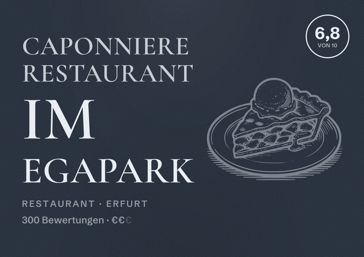Illustriertes Poster von Caponniere Restaurant im egapark, Restaurant in Erfurt: Bewertung 6,8 von 10 aus 300 Bewertungen, Preisniveau €€