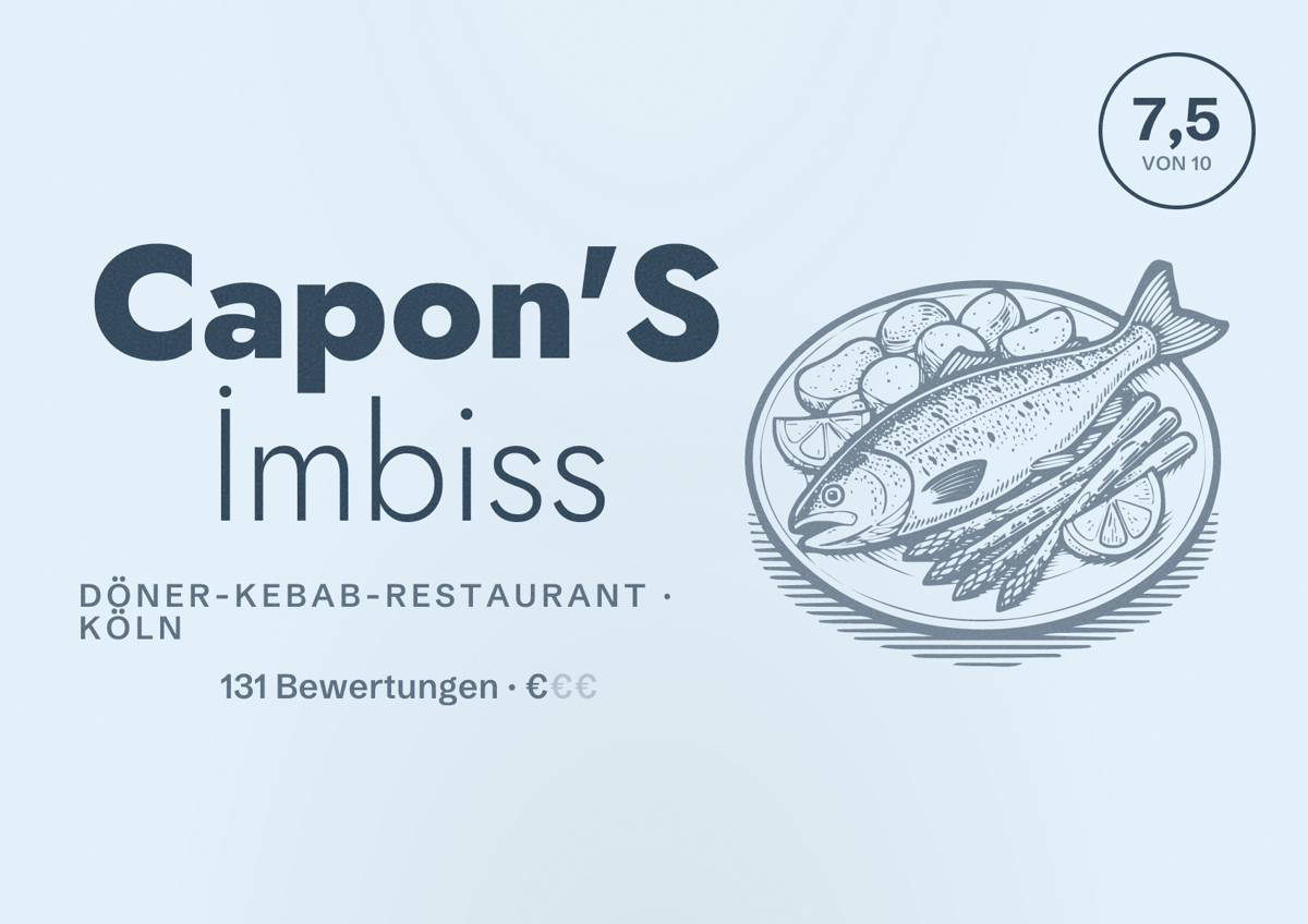 Illustriertes Poster von Capon'S İmbiss, Döner-Kebab-Restaurant in Köln: Bewertung 7,5 von 10 aus 131 Bewertungen, Preisniveau €