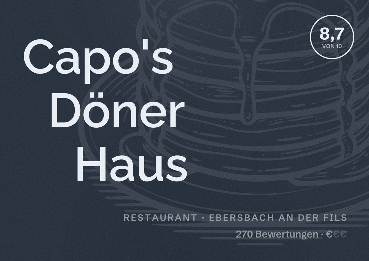 Illustriertes Poster von Capo's Döner Haus, Restaurant in Ebersbach an der Fils: Bewertung 8,7 von 10 aus 270 Bewertungen, Preisniveau €