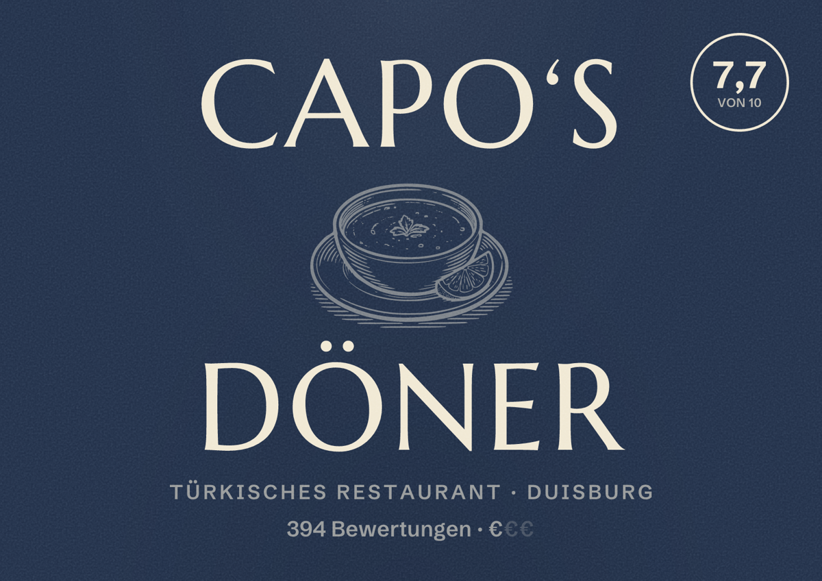Illustriertes Poster von Capo‘s Döner, Türkisches Restaurant in Duisburg: Bewertung 7,7 von 10 aus 394 Bewertungen, Preisniveau €