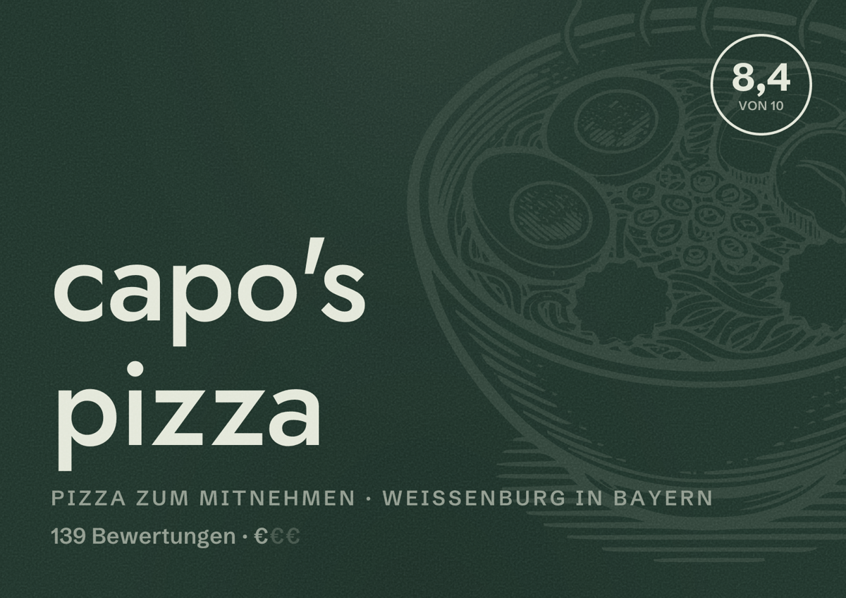 Illustriertes Poster von capo's pizza, Pizza zum Mitnehmen in Weißenburg in Bayern: Bewertung 8,4 von 10 aus 139 Bewertungen, Preisniveau €