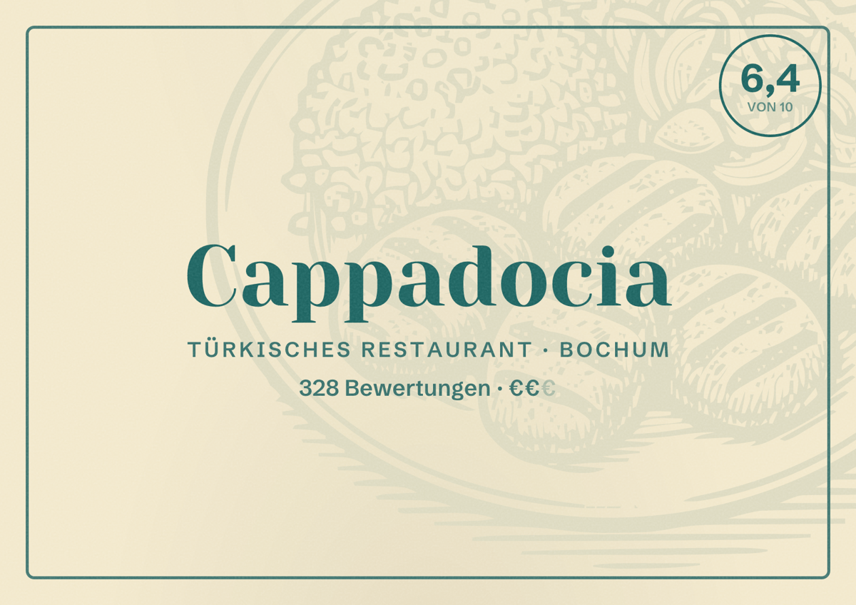Illustriertes Poster von Cappadocia, Türkisches Restaurant in Bochum: Bewertung 6,4 von 10 aus 328 Bewertungen, Preisniveau €€