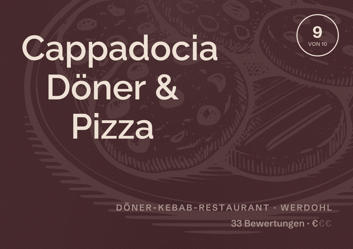 Illustriertes Poster von Cappadocia Döner & Pizza, Döner-Kebab-Restaurant in Werdohl: Bewertung 9 von 10 aus 33 Bewertungen, Preisniveau €