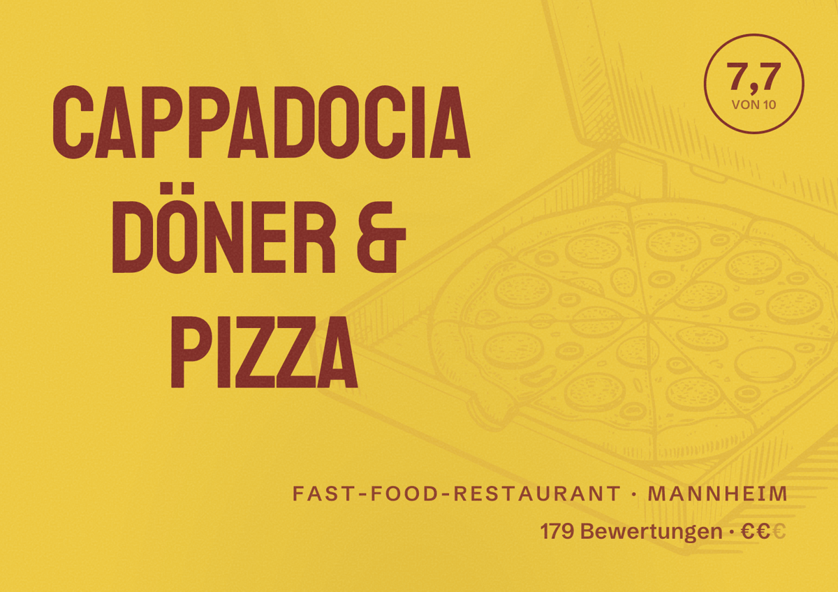 Illustriertes Poster von Cappadocia Döner & Pizza, Fast-Food-Restaurant in Mannheim: Bewertung 7,7 von 10 aus 179 Bewertungen, Preisniveau €€