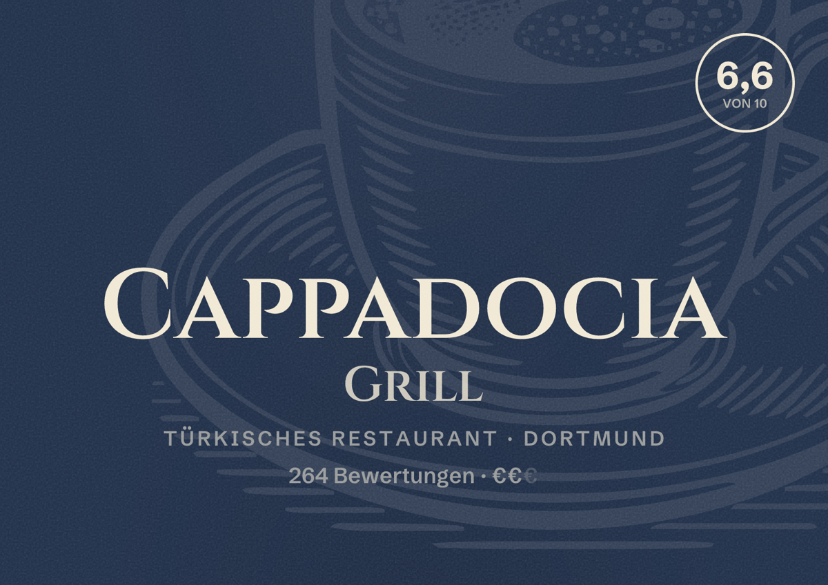 Illustriertes Poster von Cappadocia Grill, Türkisches Restaurant in Dortmund: Gästebewertung 6,6 von 10 aus 264 Bewertungen