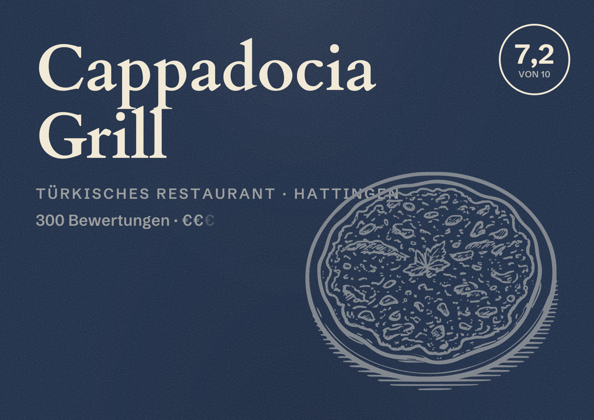 Illustriertes Poster von Cappadocia Grill, Türkisches Restaurant in Hattingen: Bewertung 7,2 von 10 aus 300 Bewertungen, Preisniveau €€