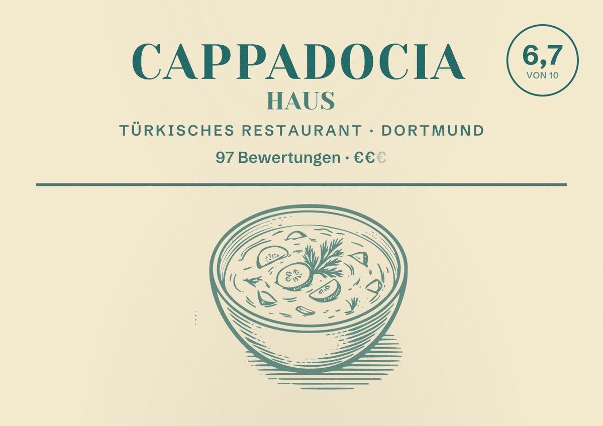Illustriertes Poster von Cappadocia Haus, Türkisches Restaurant in Dortmund: Bewertung 6,7 von 10 aus 97 Bewertungen, Preisniveau €€