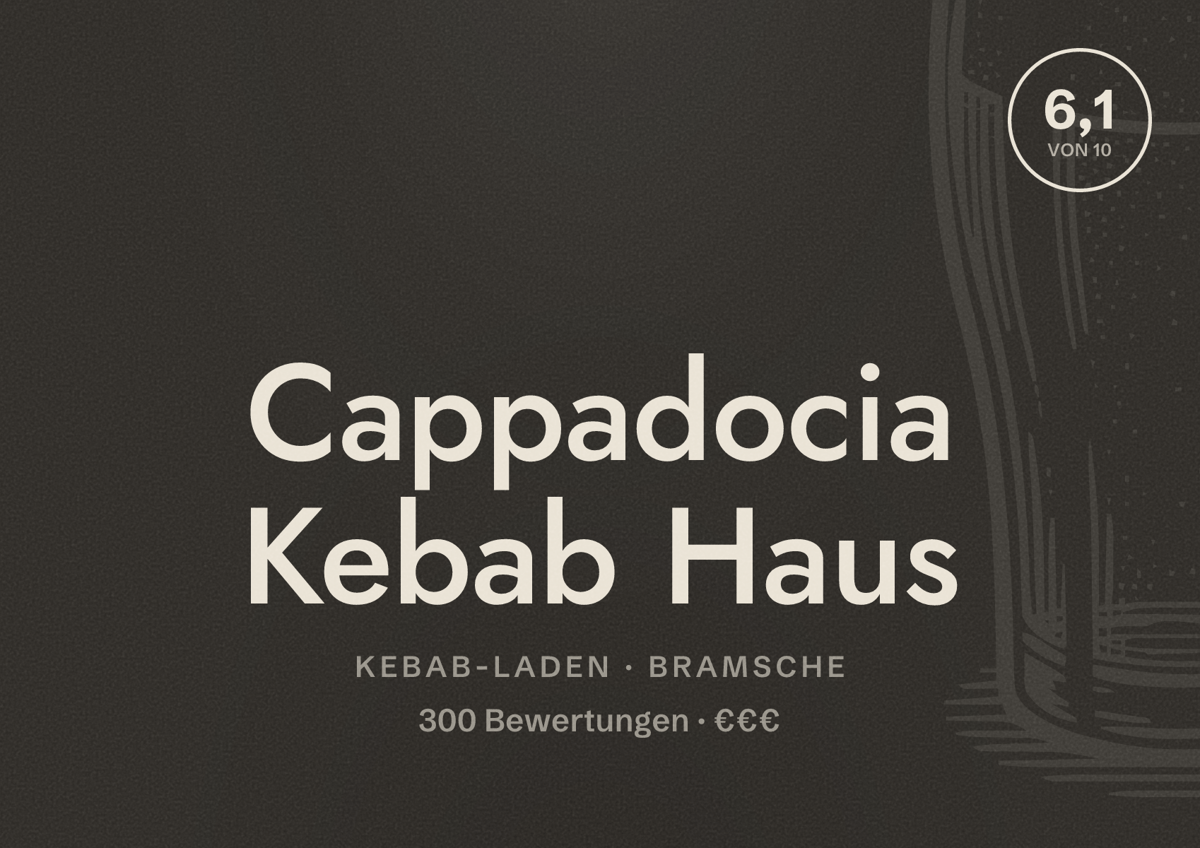 Illustriertes Poster von Cappadocia Kebab Haus, Kebab-Laden in Bramsche: Bewertung 6,1 von 10 aus 300 Bewertungen, Preisniveau €€€