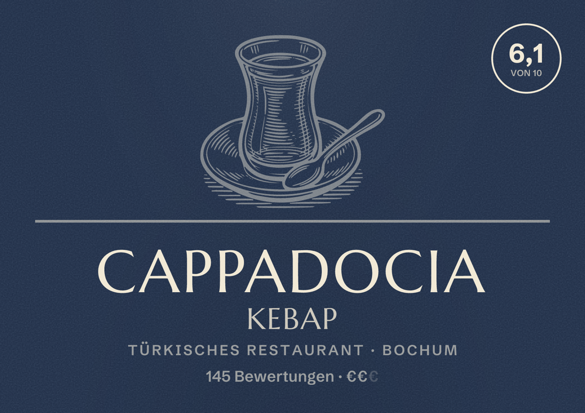 Illustriertes Poster von Cappadocia Kebap, Türkisches Restaurant in Bochum: Bewertung 6,1 von 10 aus 145 Bewertungen, Preisniveau €€
