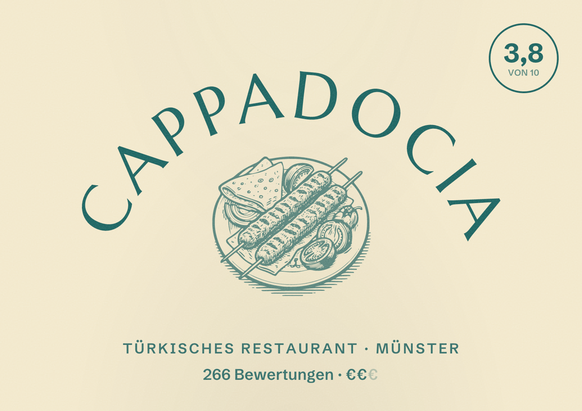 Illustriertes Poster von CAPPADOCIA, Türkisches Restaurant in Münster: Bewertung 3,8 von 10 aus 266 Bewertungen, Preisniveau €€