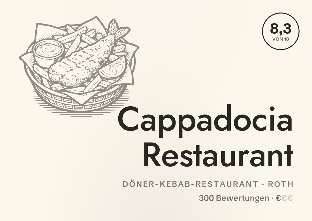 Illustriertes Poster von Cappadocia Restaurant, Döner-Kebab-Restaurant in Roth: Bewertung 8,3 von 10 aus 300 Bewertungen, Preisniveau €