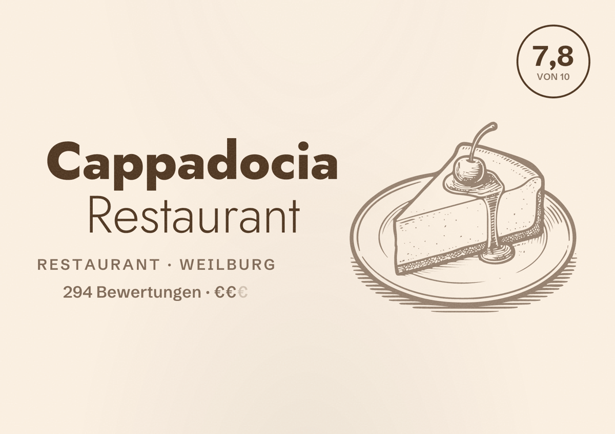 Illustriertes Poster von Cappadocia Restaurant, Restaurant in Weilburg: Bewertung 7,8 von 10 aus 294 Bewertungen, Preisniveau €€