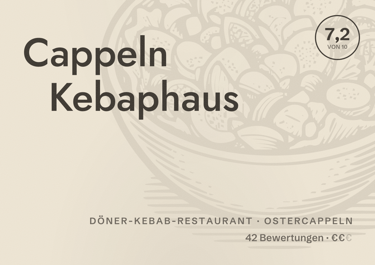 Illustriertes Poster von Cappeln Kebaphaus, Döner-Kebab-Restaurant in Ostercappeln: Bewertung 7,2 von 10 aus 42 Bewertungen, Preisniveau €€