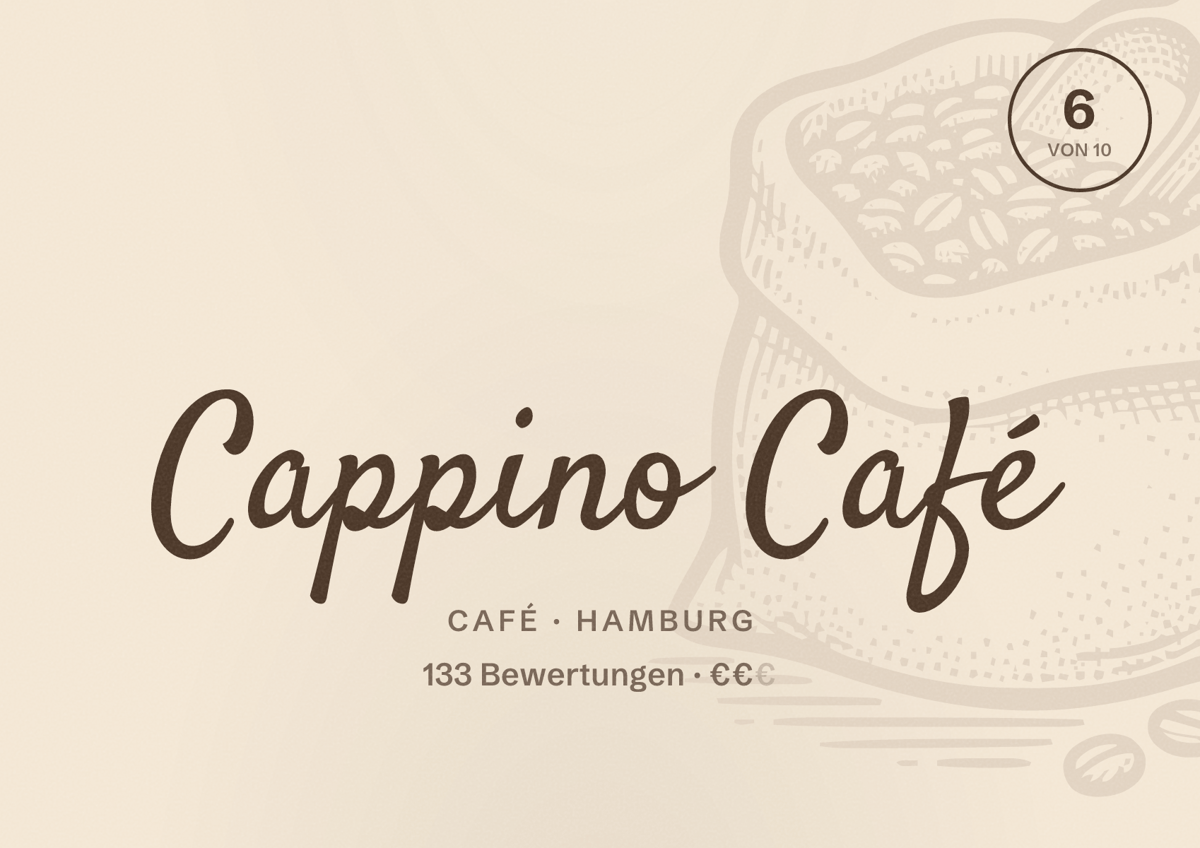 Illustriertes Poster von Cappino Café, Café in Hamburg: Bewertung 6,0 von 10 aus 133 Bewertungen, Preisniveau €€