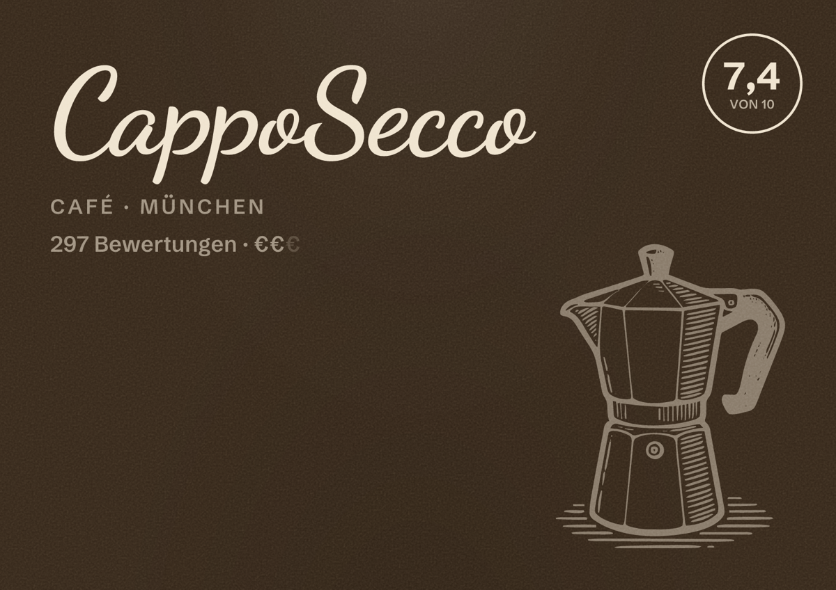 Illustriertes Poster von CappoSecco, Café in München: Bewertung 7,4 von 10 aus 297 Bewertungen, Preisniveau €€