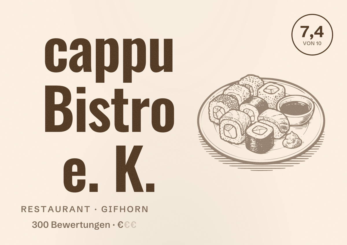 Illustriertes Poster von cappu Bistro e. K., Restaurant in Gifhorn: Bewertung 7,4 von 10 aus 300 Bewertungen, Preisniveau €