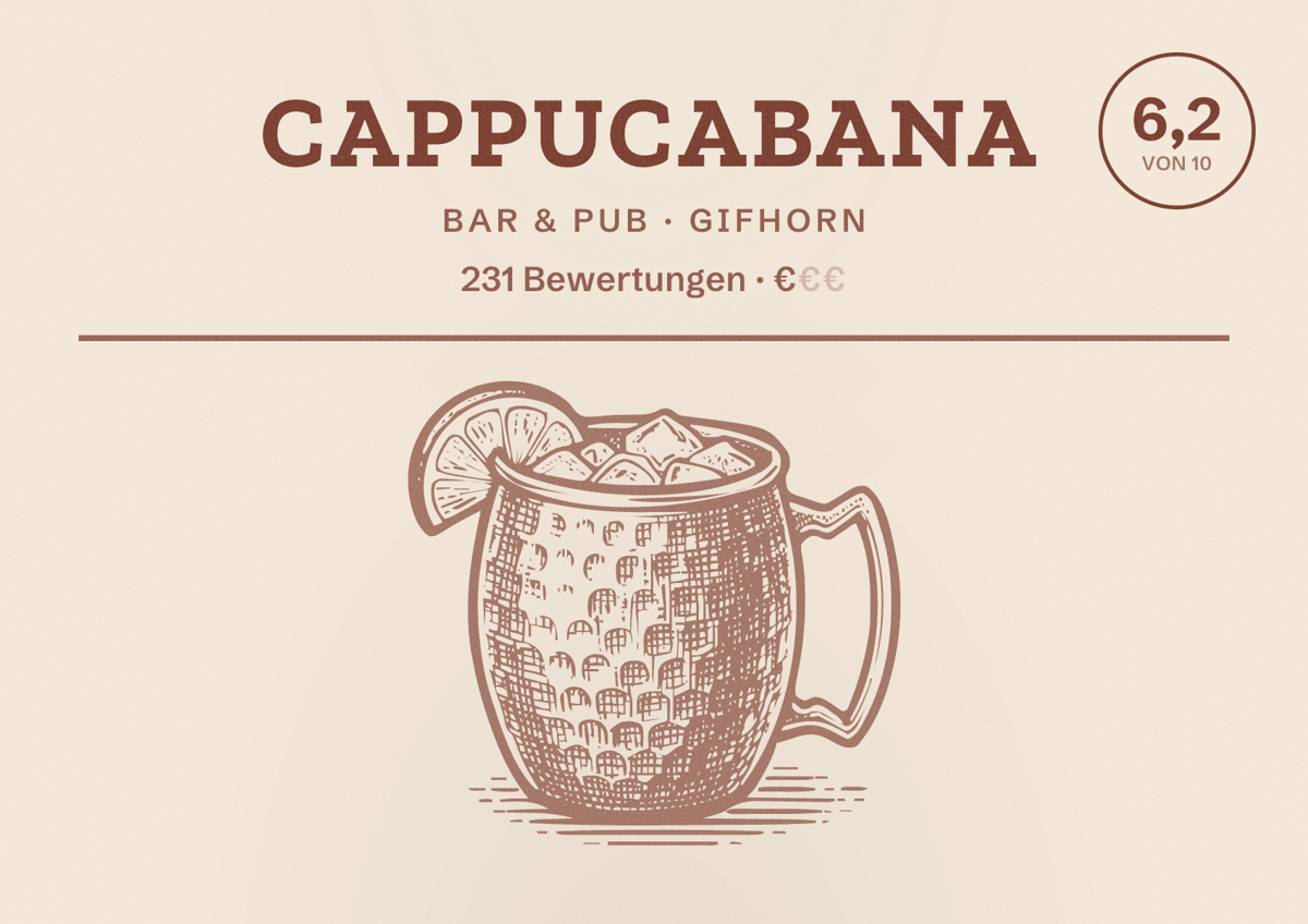 Illustriertes Poster von Cappucabana, Bar & Pub in Gifhorn: Bewertung 6,2 von 10 aus 231 Bewertungen, Preisniveau €
