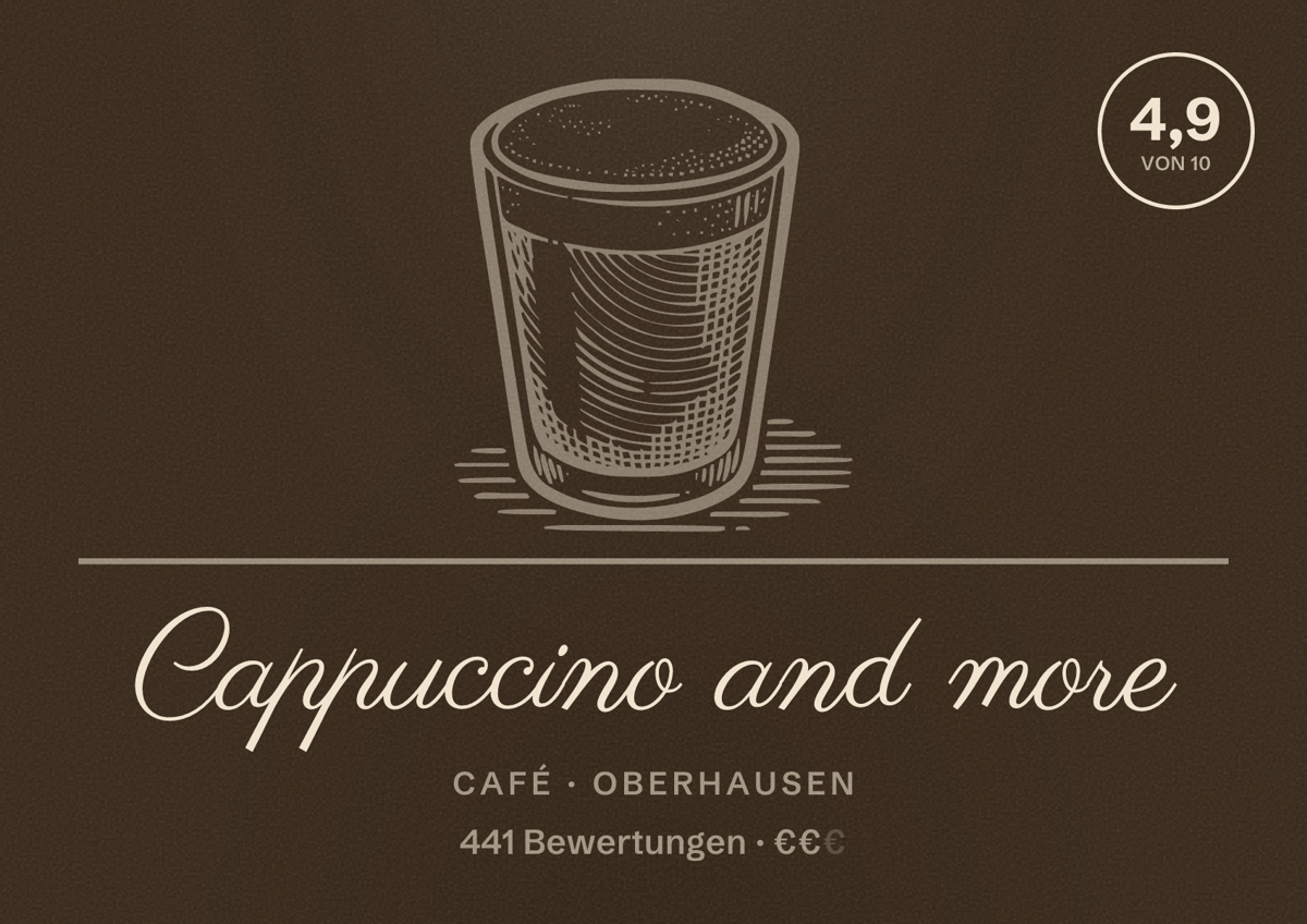 Illustriertes Poster von Cappuccino and more, Café in Oberhausen: Gästebewertung 4,9 von 10 aus 441 Bewertungen