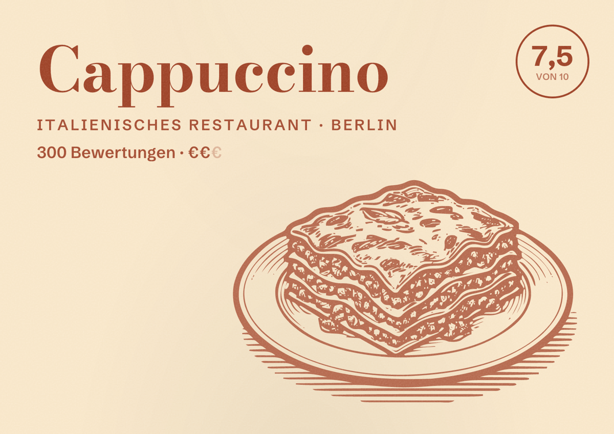 Illustriertes Poster von Cappuccino, Italienisches Restaurant in Berlin: Bewertung 7,5 von 10 aus 300 Bewertungen, Preisniveau €€