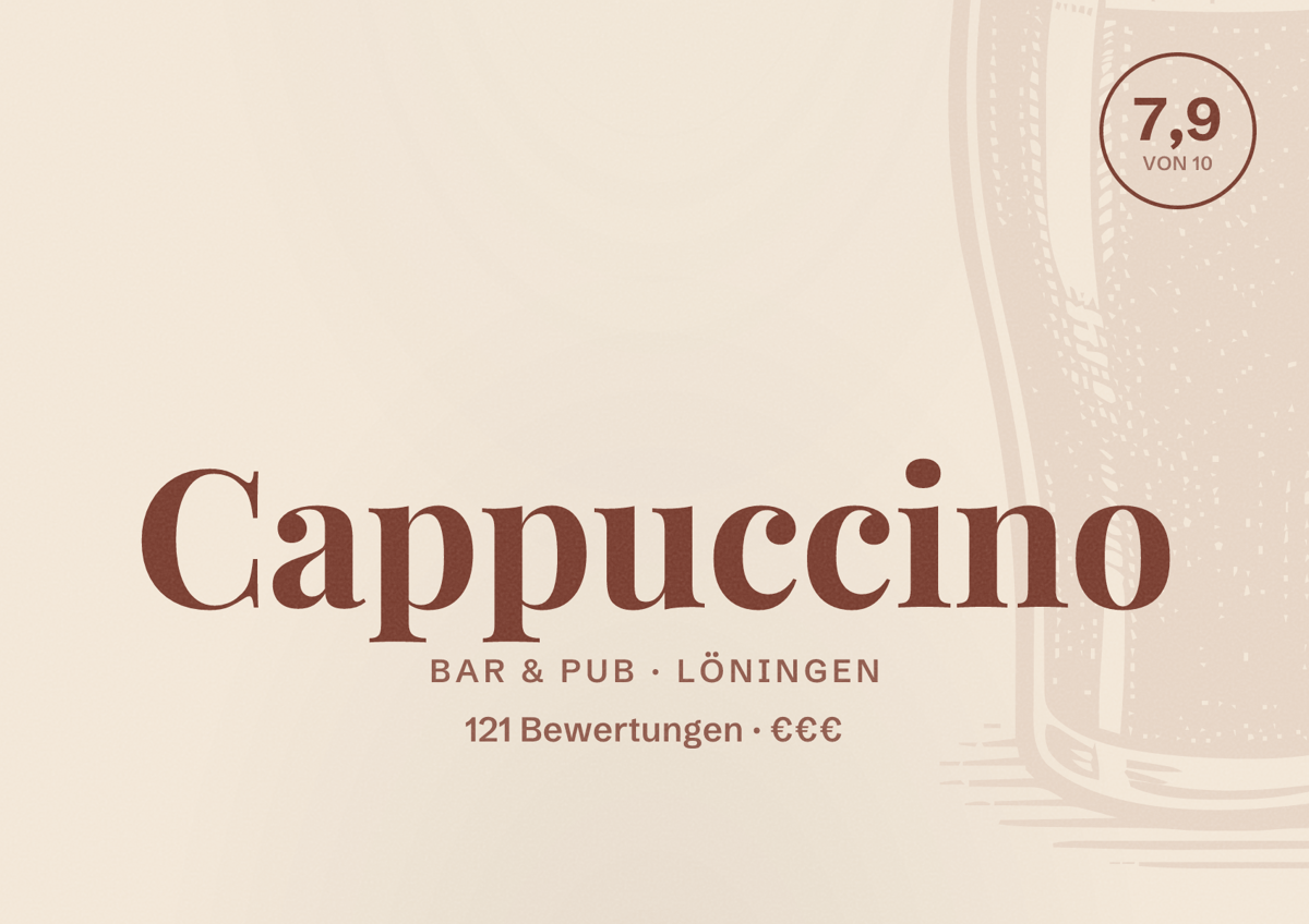 Illustriertes Poster von Cappuccino, Bar & Pub in Löningen: Bewertung 7,9 von 10 aus 121 Bewertungen, Preisniveau €€€