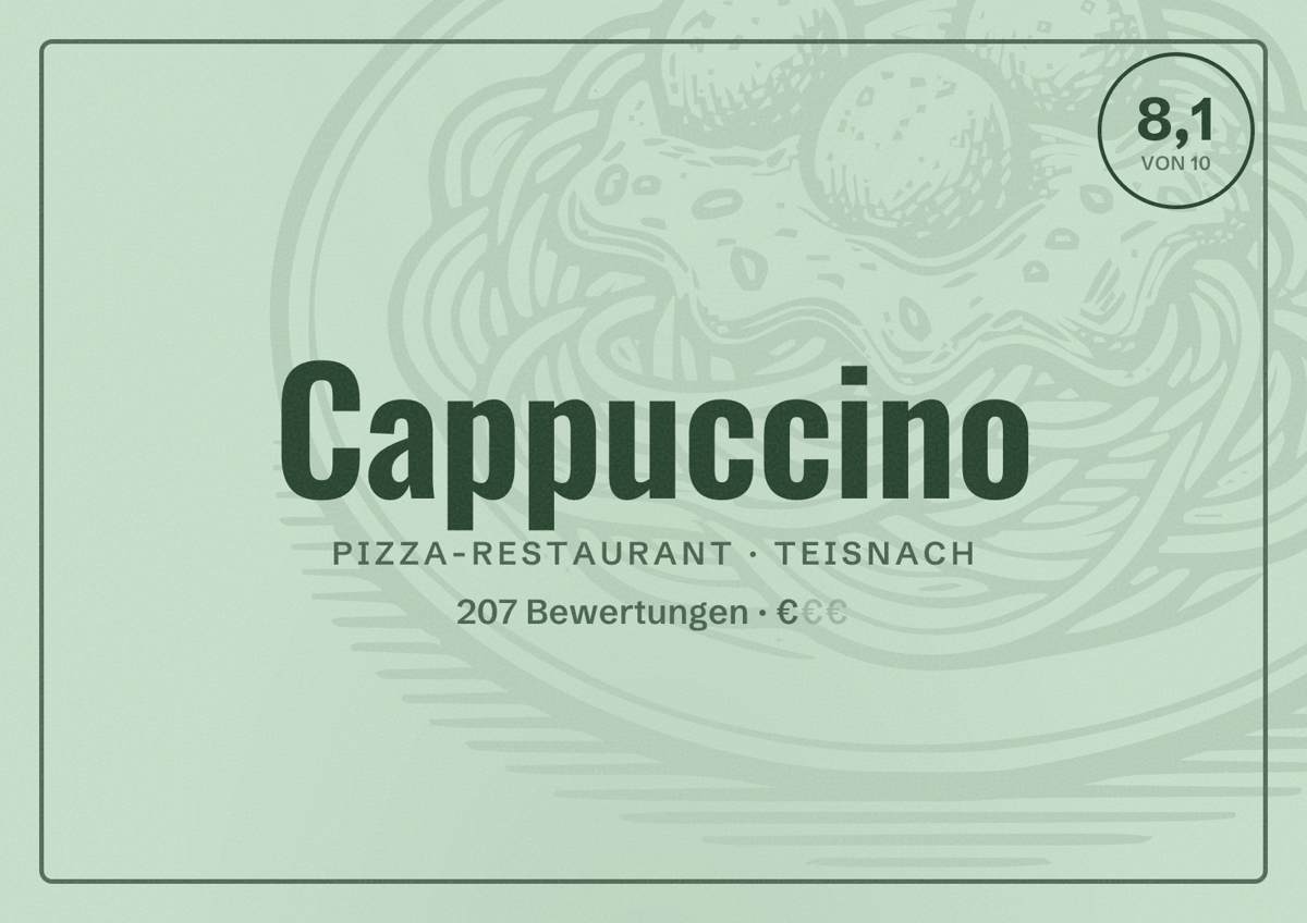 Illustriertes Poster von Cappuccino, Pizza-Restaurant in Teisnach: Bewertung 8,1 von 10 aus 207 Bewertungen, Preisniveau €