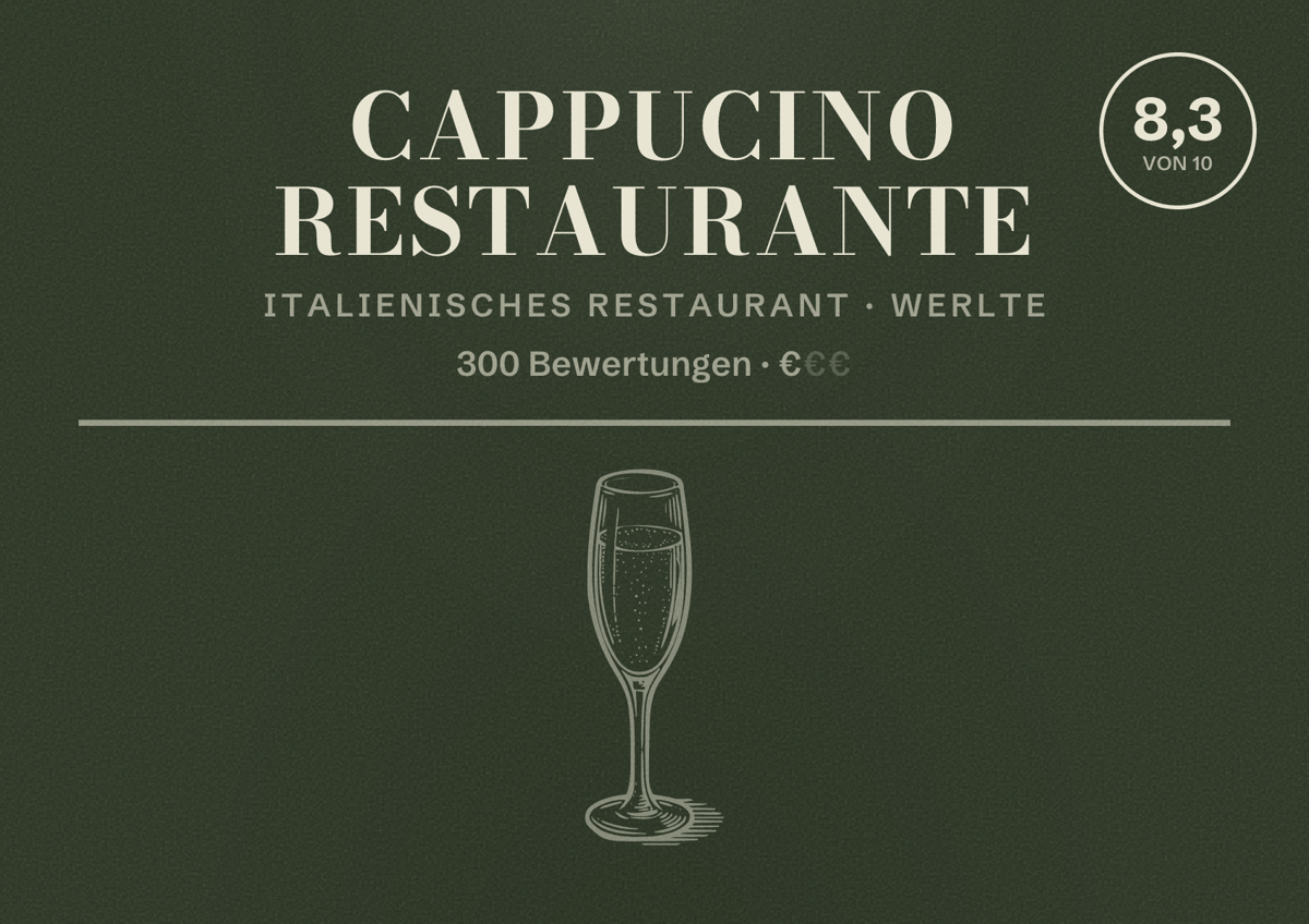 Illustriertes Poster von Cappucino Restaurante, Italienisches Restaurant in Werlte: Bewertung 8,3 von 10 aus 300 Bewertungen, Preisniveau €