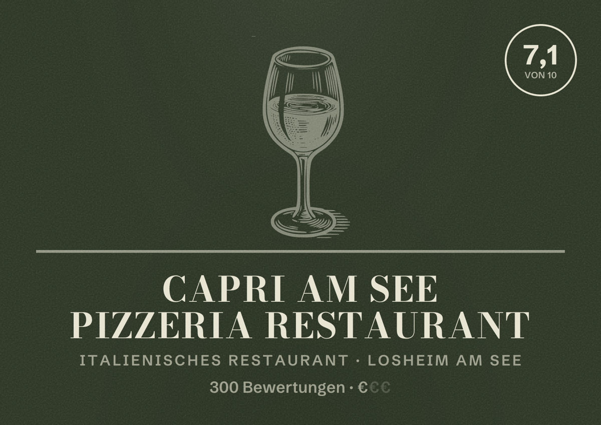 Illustriertes Poster von Capri am See Pizzeria Restaurant, Italienisches Restaurant in Losheim am See: Bewertung 7,1 von 10 aus 300 Bewertungen, Preisniveau €