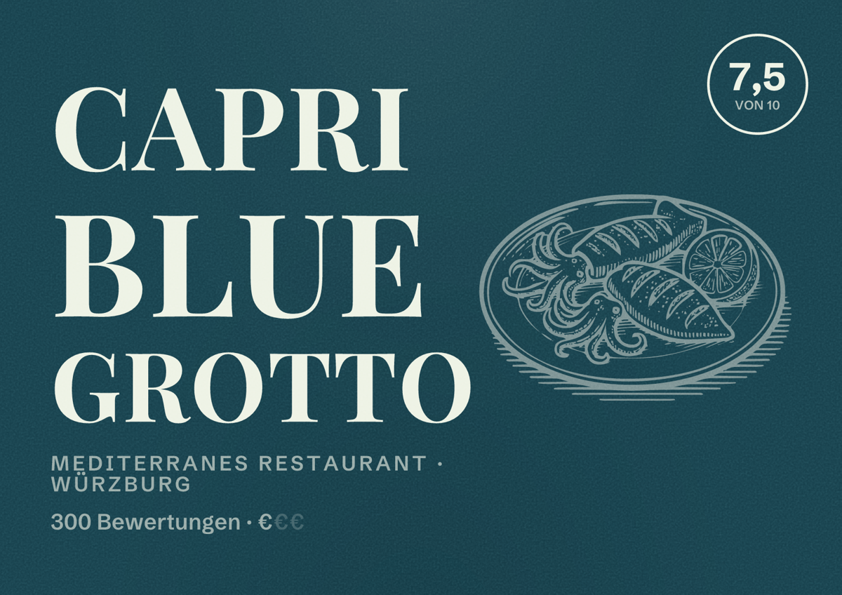 Illustriertes Poster von Capri Blue Grotto, Mediterranes Restaurant in Würzburg: Bewertung 7,5 von 10 aus 300 Bewertungen, Preisniveau €