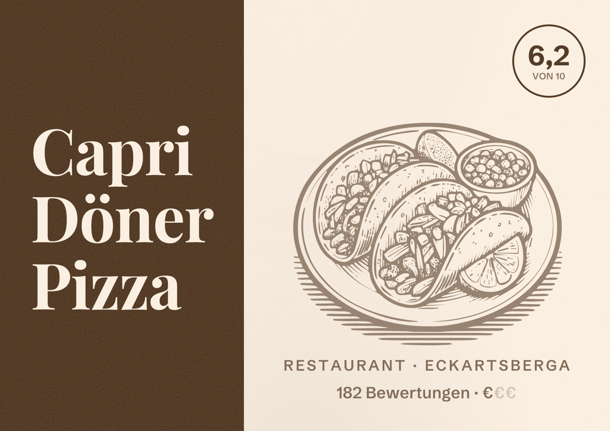 Illustriertes Poster von Capri Döner Pizza, Restaurant in Eckartsberga: Bewertung 6,2 von 10 aus 182 Bewertungen, Preisniveau €