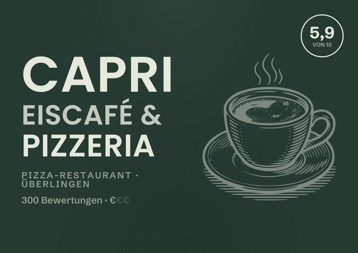 Illustriertes Poster von Capri Eiscafé & Pizzeria, Pizza-Restaurant in Überlingen: Bewertung 5,9 von 10 aus 300 Bewertungen, Preisniveau €