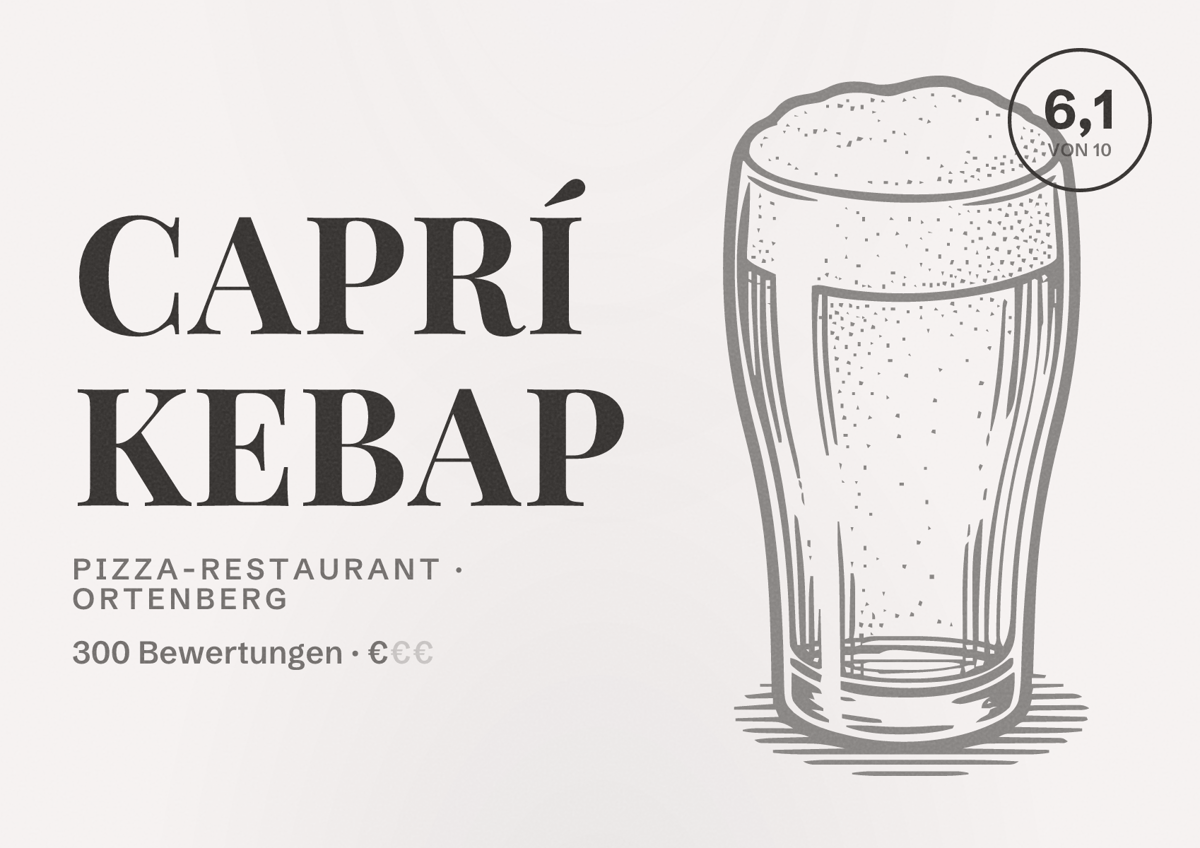 Illustriertes Poster von CAPRÍ KEBAP, Pizza-Restaurant in Ortenberg: Bewertung 6,1 von 10 aus 300 Bewertungen, Preisniveau €