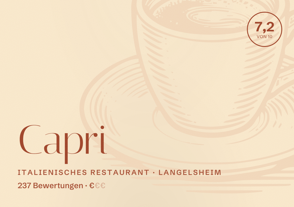 Illustriertes Poster von Capri, Italienisches Restaurant in Langelsheim: Bewertung 7,2 von 10 aus 237 Bewertungen, Preisniveau €