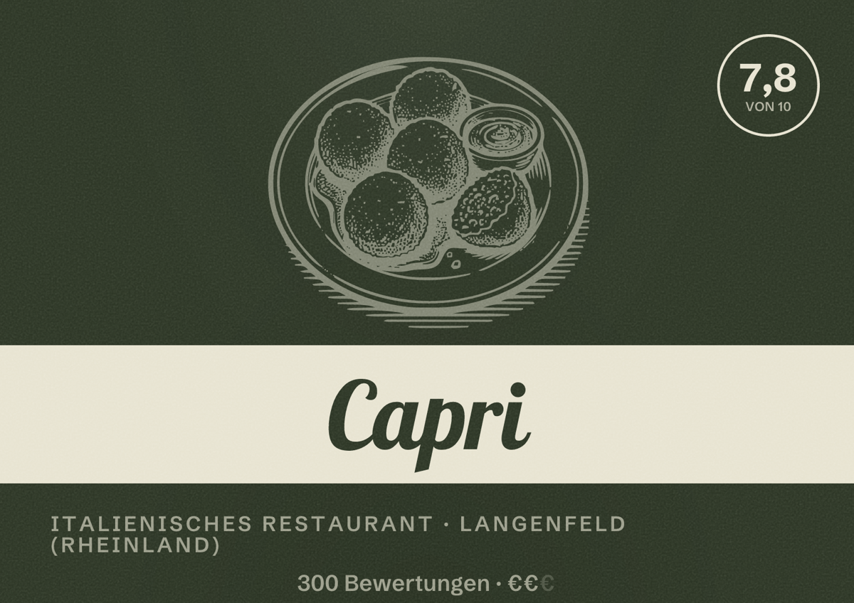Illustriertes Poster von Capri, Italienisches Restaurant in Langenfeld (Rheinland): Bewertung 7,8 von 10 aus 300 Bewertungen, Preisniveau €€