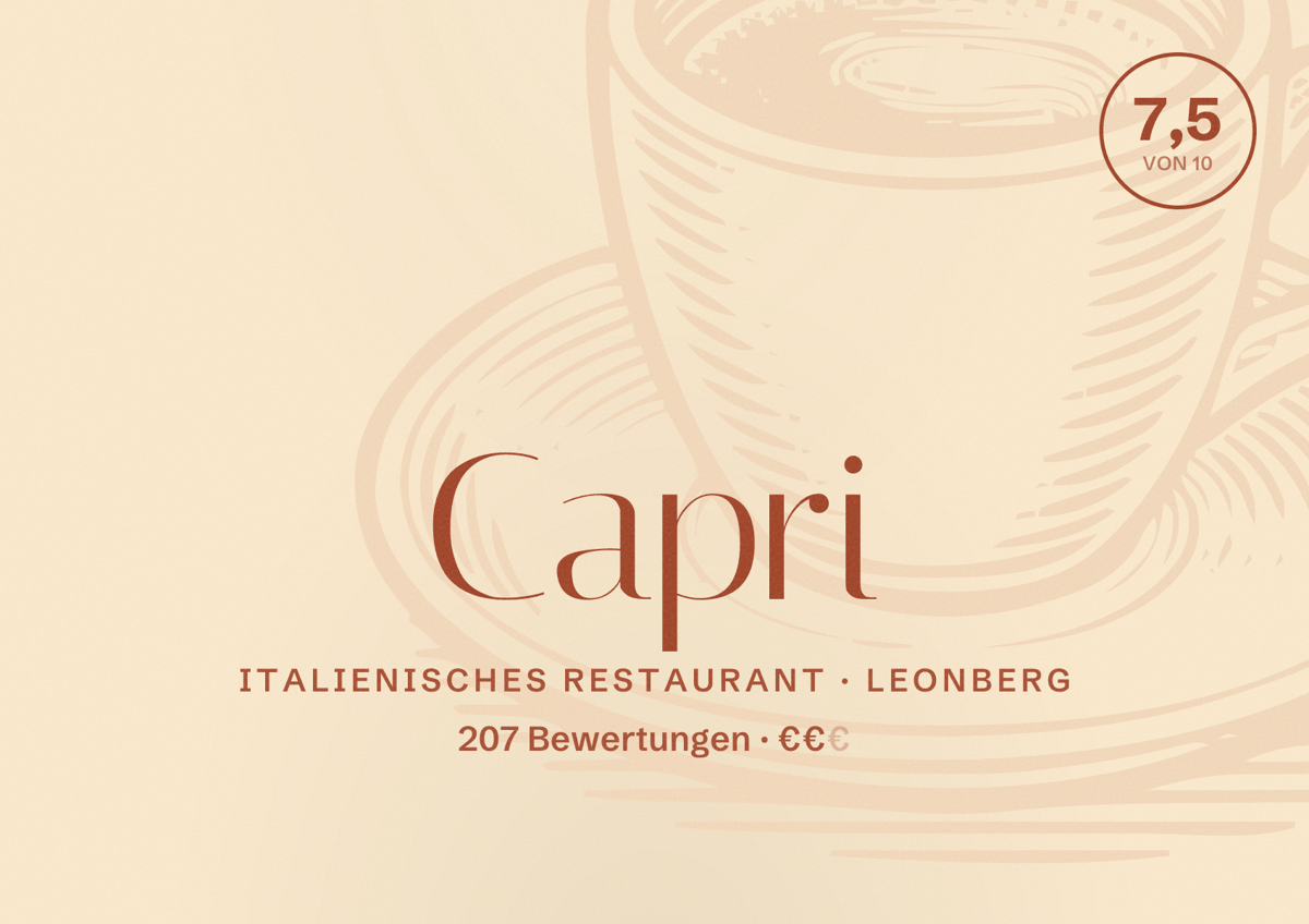 Illustriertes Poster von Capri, Italienisches Restaurant in Leonberg: Bewertung 7,5 von 10 aus 207 Bewertungen, Preisniveau €€