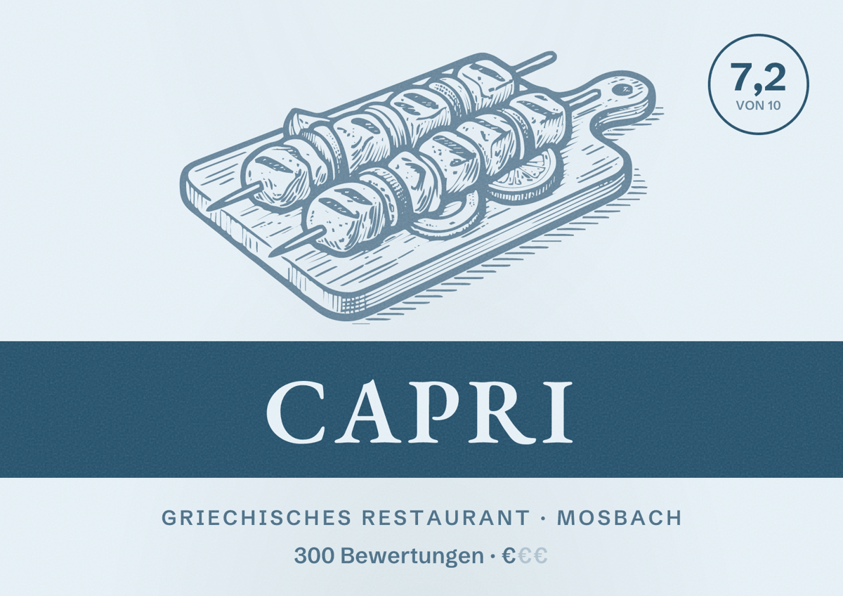 Illustriertes Poster von Capri, Griechisches Restaurant in Mosbach: Bewertung 7,2 von 10 aus 300 Bewertungen, Preisniveau €
