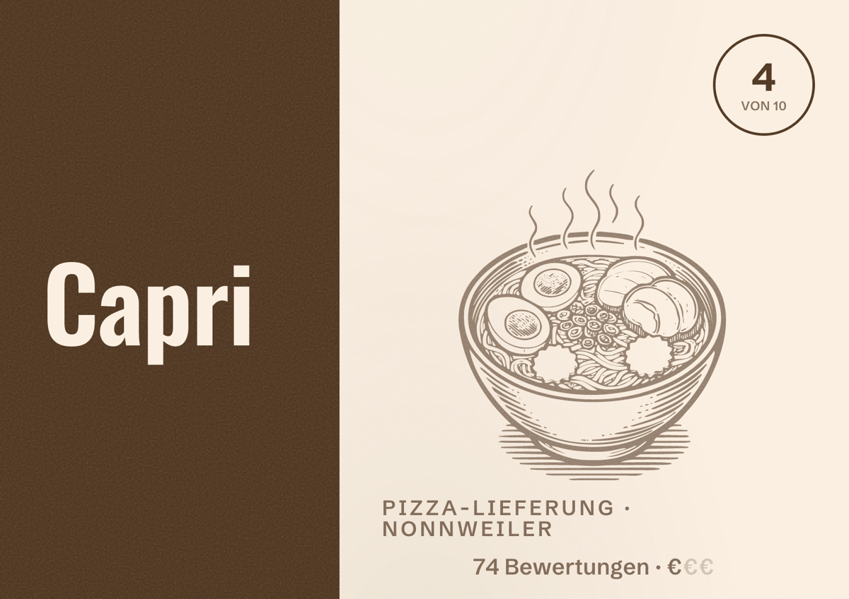 Illustriertes Poster von Capri, Pizza-Lieferung in Nonnweiler: Bewertung 4 von 10 aus 74 Bewertungen, Preisniveau €