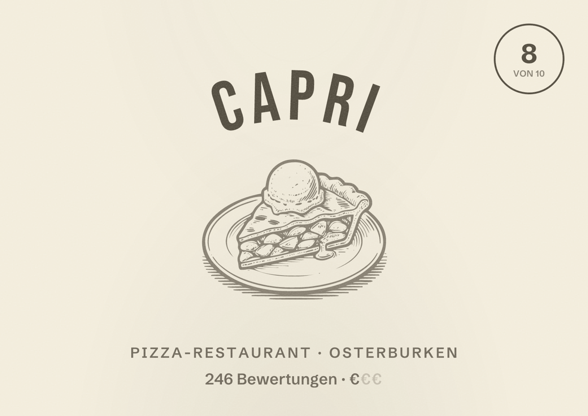 Illustriertes Poster von Capri, Pizza-Restaurant in Osterburken: Bewertung 8 von 10 aus 246 Bewertungen, Preisniveau €