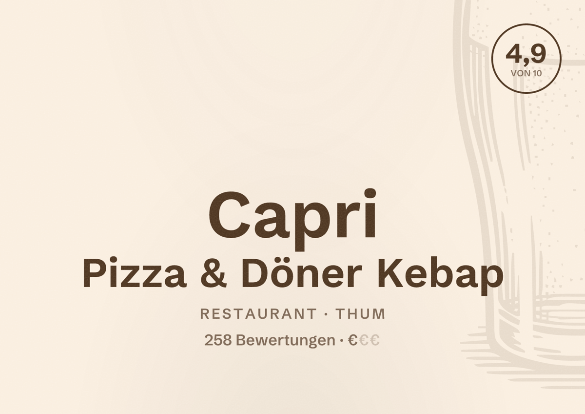 Illustriertes Poster von Capri Pizza & Döner Kebap, Restaurant in Thum: Bewertung 4,9 von 10 aus 258 Bewertungen, Preisniveau €